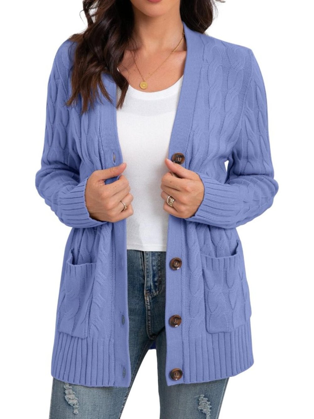 Cozy Long Sleeve Cable Knit Cardigan Sweater with Pockets for Women
